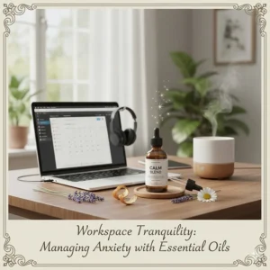 A modern home office desk featuring a small bottle of stress relief oil to manage work-related tension.