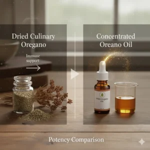 A comparison chart showing the concentrated potency of oregano oil versus culinary oregano for therapeutic immune use.