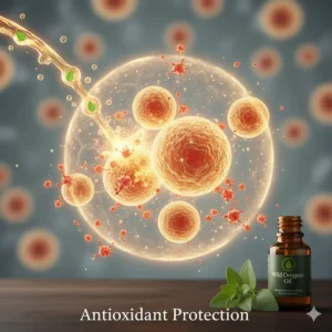 Illustration of oregano oil antioxidants neutralizing free radicals to protect immune cell integrity.