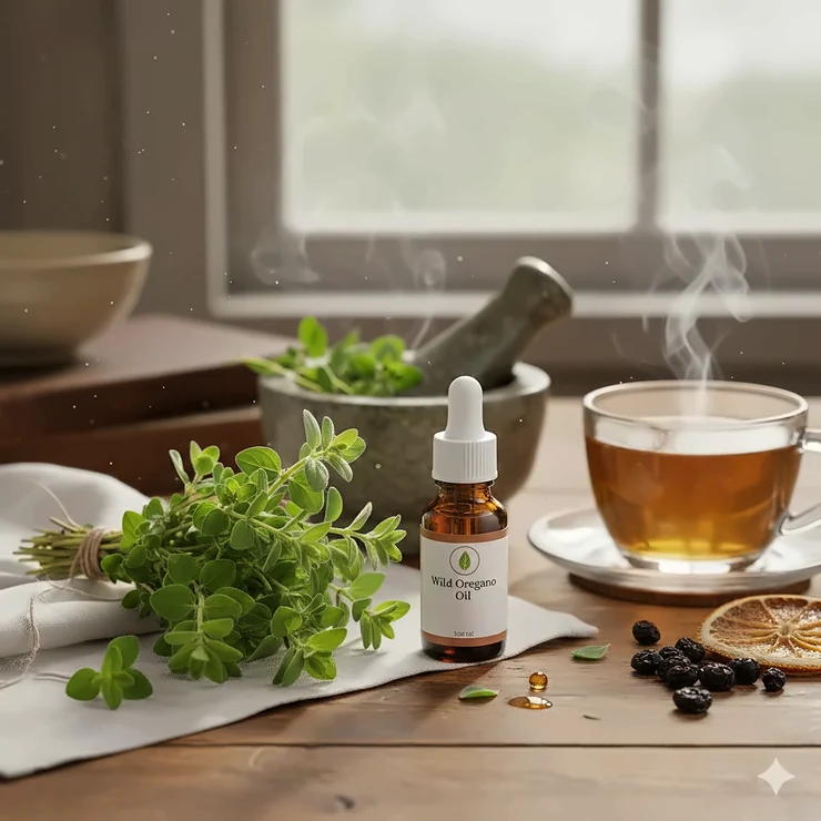 A bottle of wild oregano oil with a dropper next to fresh oregano leaves, symbolizing natural immune support. oregano oil for immune support