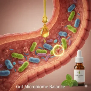 Digital illustration of a healthy gut microbiome showing how oregano oil maintains bacterial balance for better immunity.