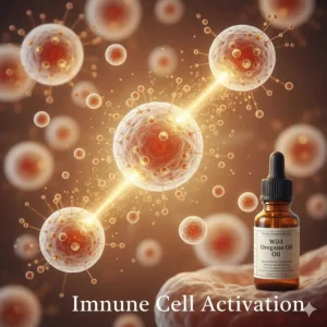 A conceptual diagram showing oregano oil compounds interacting with white blood cells to boost immune response.