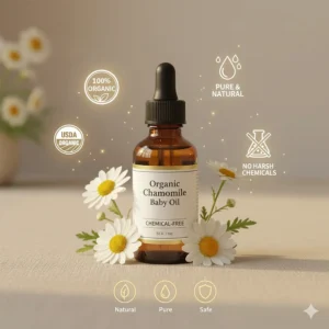 Graphic displaying the 100% Organic and Chemical-Free labels for chamomile baby oil.