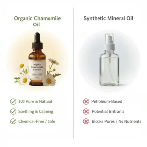 Comparison chart highlighting the benefits of organic chamomile oil over synthetic mineral oils.