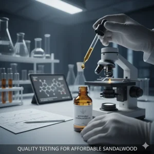 A laboratory setting with a glass dropper and bottle, signifying the purity and quality testing of affordable sandalwood oil.