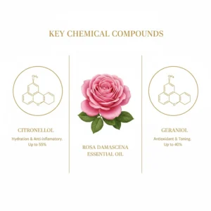 Infographic detailing citronellol and geraniol levels in the best rose essential oil for face rejuvenation.