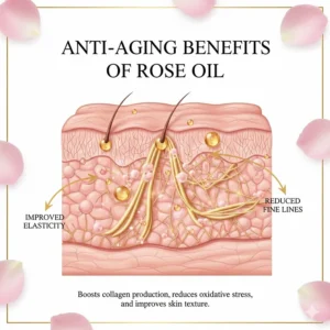 Illustration of rose oil molecules penetrating skin layers to improve elasticity and reduce fine lines.