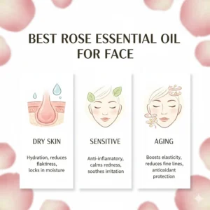 A chart showing why rose oil is the best essential oil for dry, sensitive, and aging skin types.
