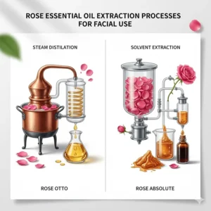 Illustration comparing steam distillation for rose otto and solvent extraction for rose absolute for facial use.