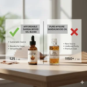 A clean visual arrangement comparing bottles of pure extract and affordable sandalwood oil blends for value-conscious buyers.