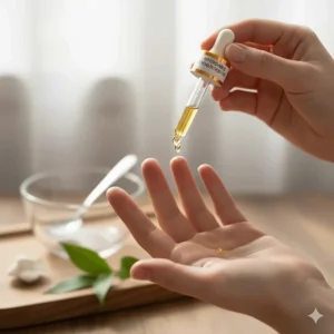 A close-up shot of a person mixing affordable sandalwood oil with a carrier oil for a natural skincare routine.