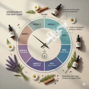 An infographic-style illustration showing how the best essential oil blend for deep sleep supports the REM cycle.