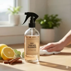 A spray bottle containing a cleaning solution made with a thieves essential oil blend dupe.