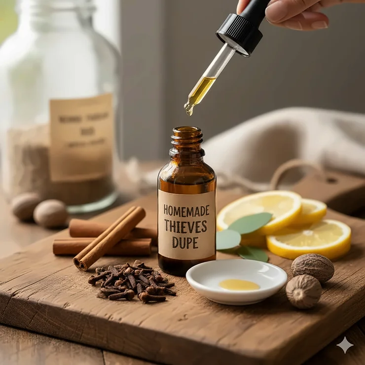 A glass amber bottle of homemade thieves essential oil blend dupe surrounded by fresh lemon slices, cinnamon sticks, and dried cloves.