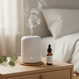 An ultrasonic cool mist diffuser emitting eucalyptus oil vapor to help clear blocked nasal passages.