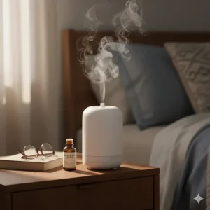 A modern ultrasonic diffuser emitting a gentle mist of a deep sleep essential oil blend in a dimly lit bedroom.