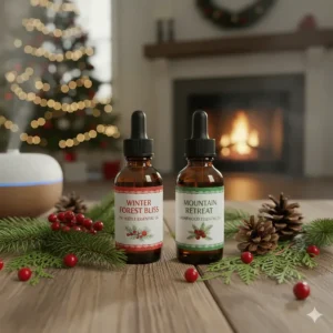 Fir needle and cedarwood essential oils surrounded by fresh evergreen branches.