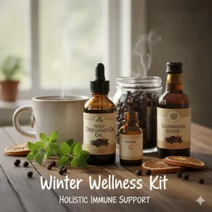 An illustration of a winter wellness kit featuring oregano oil, vitamin C, and elderberry for holistic immune support.