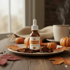 A decorative tray featuring a pumpkin spice oil blend bottle next to a knitted blanket and fall leaves.