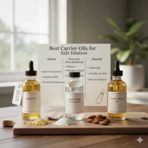 A comparison of common carrier oils like jojoba, coconut, and almond oil used to dilute potent essential oils.