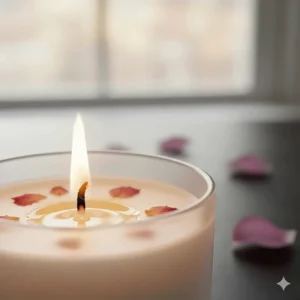 Close-up of a steady golden flame on a luxury rose candle with a clean-burning cotton wick.