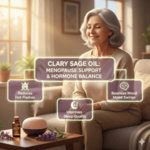 Infographic listing the benefits of clary sage oil for hormone balance during menopause and hot flashes.