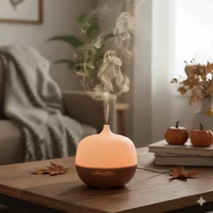 Ultrasonic oil diffuser emitting vapor with a warm autumn pumpkin spice scent in a cozy living room.