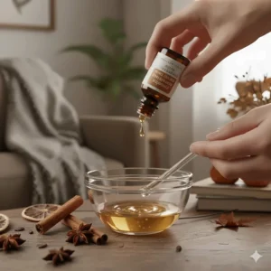 Mixing drops of pumpkin spice essential oil blend into a coconut carrier oil for topical skin use.