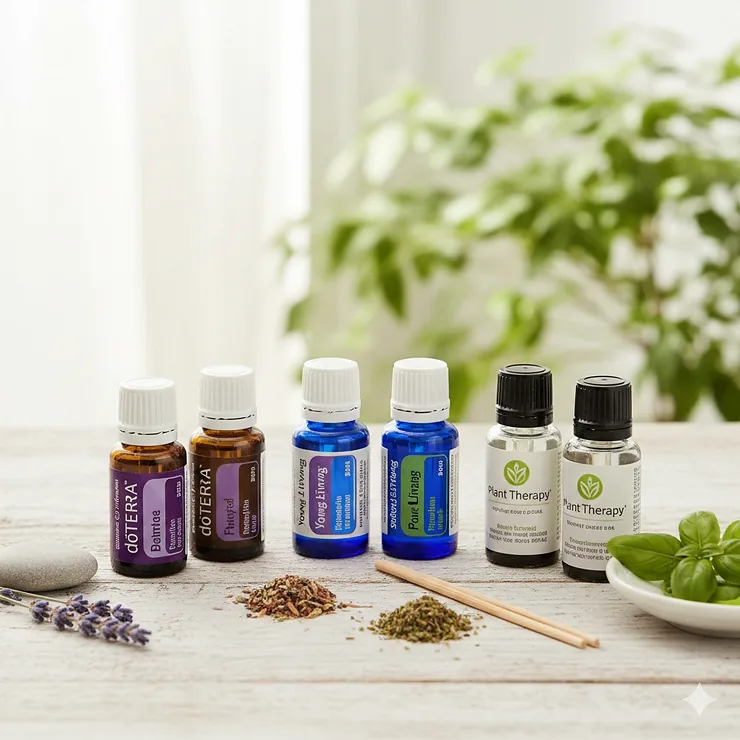 A side-by-side comparison of doTERRA, Young Living, and Plant Therapy essential oil bottles on a clean wooden surface. doterra vs young living vs plant therapy comparison