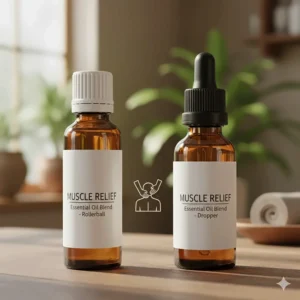 A comparison of a rollerball applicator and a dropper bottle for muscle relief essential oil blends.