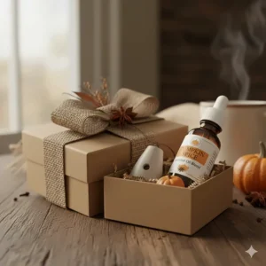 Hand-wrapped gift box containing a bottle of pumpkin spice essential oil blend and a burlap ribbon.