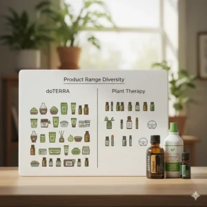 Icons representing the diverse product ranges of Young Living and doTERRA including supplements and home cleaning products.