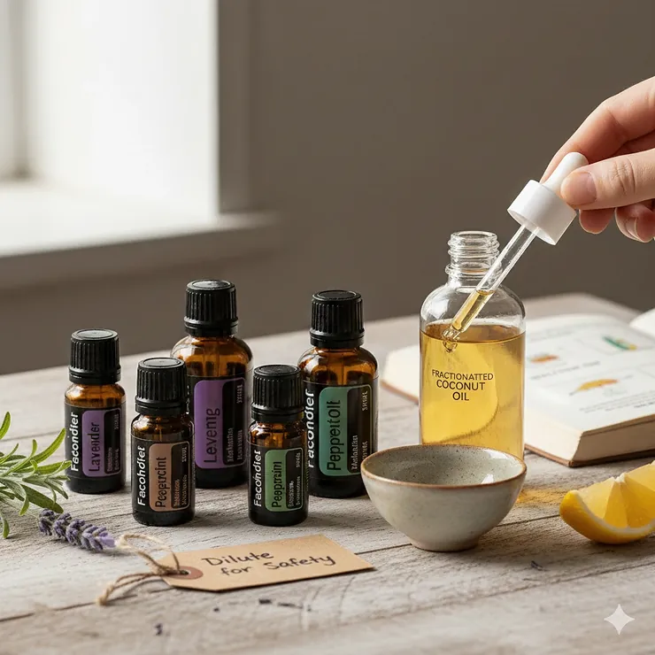 A collection of essential oil bottles next to a carrier oil, illustrating the primary rule of safe dilution. how to use essential oils safely