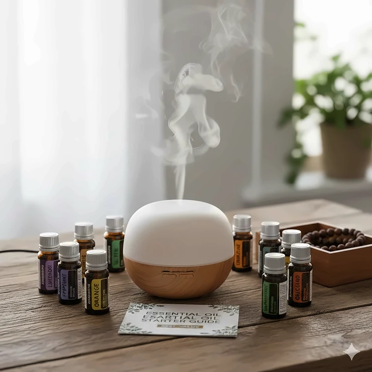 A comprehensive essential oil starter kit featuring a wood grain diffuser and ten therapeutic grade oils, representing the best value for beginners. essential oil starter kit best value