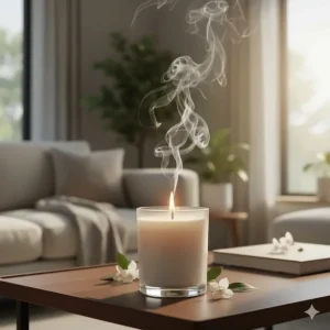 A burning jasmine scented candle illustrating a strong floral fragrance throw in a living room.