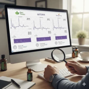 Close-up of a digital GC-MS test report showing purity levels for Plant Therapy and doTERRA essential oils.
