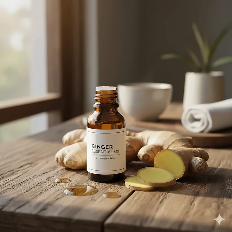 A bottle of ginger essential oil on a wooden table next to fresh ginger root, representing a natural remedy for nausea. ginger essential oil for nausea