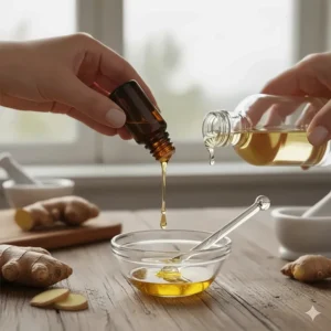 Mixing drops of ginger essential oil with a coconut carrier oil in a small bowl for safe topical application.