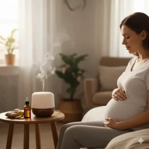 An illustration of a pregnant woman using a ginger oil diffuser to help manage morning sickness symptoms.