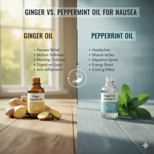 An infographic comparing the benefits of ginger essential oil and peppermint oil for different types of digestive upset.