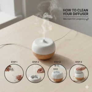 Step-by-step illustration on cleaning an ultrasonic diffuser to maintain kit longevity.