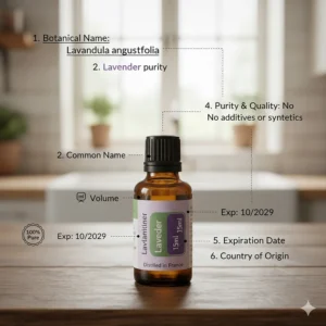 A diagram of an essential oil label highlighting the botanical name and purity markers for safe usage.