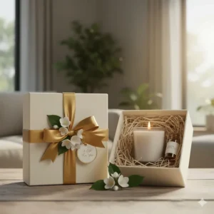 An elegantly wrapped jasmine scented candle gift box with a silk ribbon and floral accents.