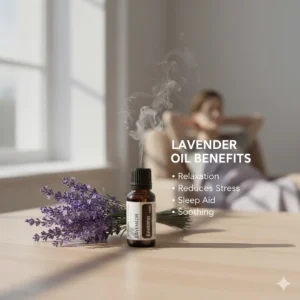 Illustration of lavender oil from a starter kit highlighting its calming and sleep-aid properties.