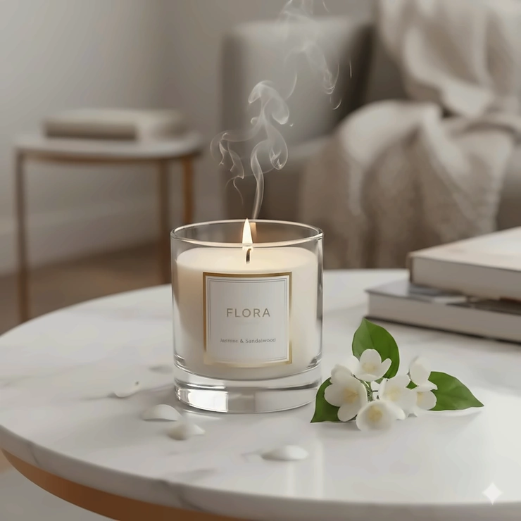 A luxury jasmine scented candle burning on a marble coffee table next to fresh white jasmine flowers. jasmine scented candles