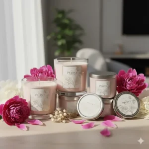 A collection of luxury peony candles in various sizes, from travel tins to large three-wick jars.