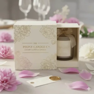 Elegant gold-embossed gift packaging for a luxury peony candle, perfect for weddings or Mother’s Day.