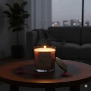 The warm, ambient glow of a luxury peony candle lit in a dimly-lit modern living room.