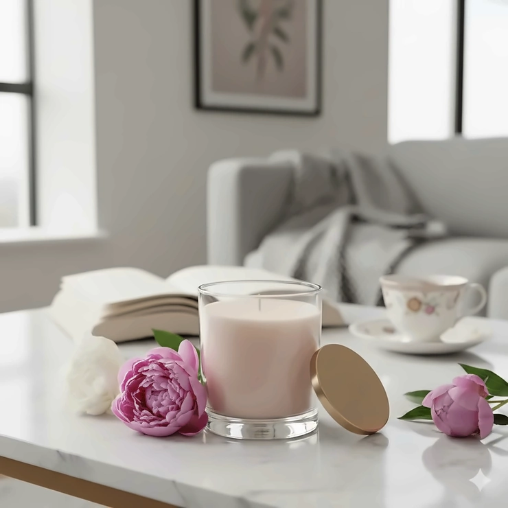 A high-end luxury peony scented candle in a glass jar styled on a marble coffee table with fresh peony blooms. luxury peony candles