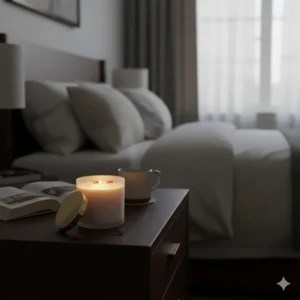 A luxury rose candle providing warm ambient lighting on a nightstand in a modern bedroom.